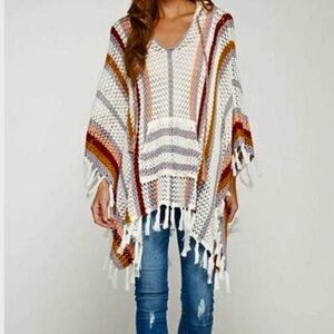 Love Stitch Croquet Striped Hooded Poncho Kangaroo Pouch Bohemian Gypsy Casual